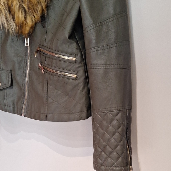 AKIRA Olive Faux Leather Jacket with Faux Fur Collar - Picture 2 of 7